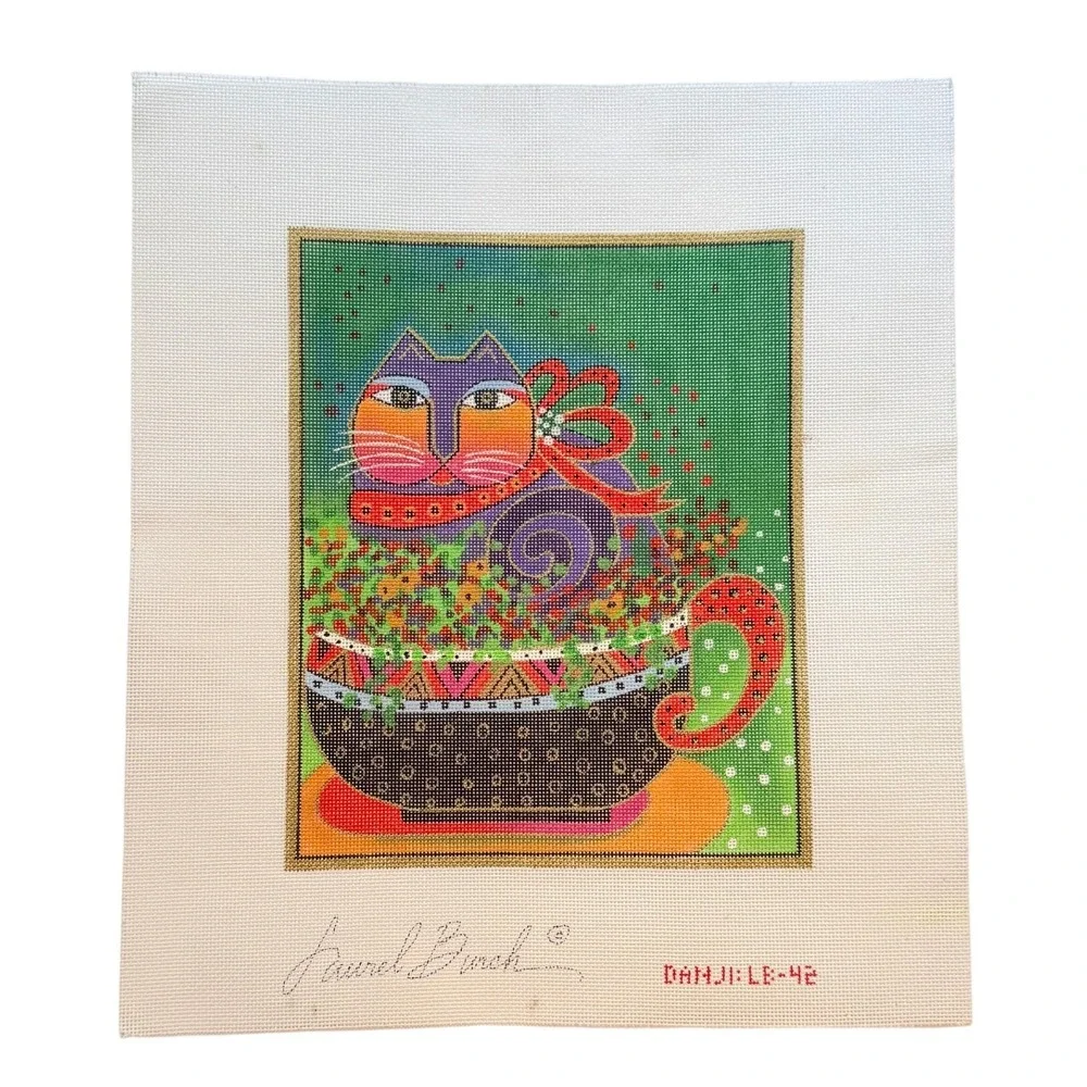 Vintage Laurel Burch Cup of Good Cheer Cat Danji Hand Painted Needlepoint Canvas
